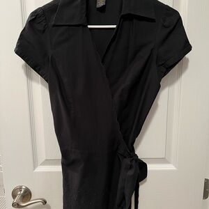 Banana Republic Black Wrap Blouse with Notched Collar and Cap Sleeves